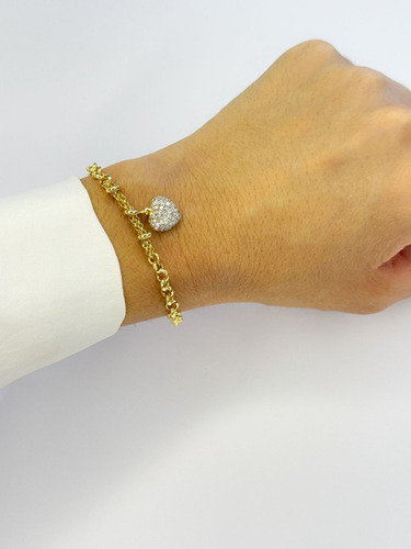 Pulseira Portuguesa Ouro 18k 750 Coração Cravejado Comprimento 20 Cm Diâmetro 5 Cm