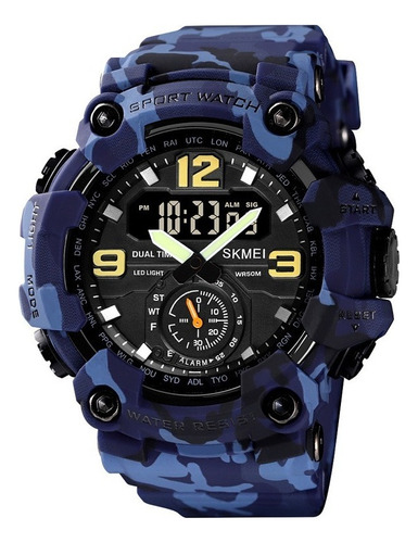 Reloj pulsera Skmei 1637 de cuerpo color camuflado azul, analógico-digital, para hombre, fondo negro, con correa de poliuretano color camuflado azul, agujas color verde y negro y blanco, dial amarillo y blanco, subesferas color negro, minutero/segundero blanco, bisel color camuflado azul, luz verde y hebilla doble