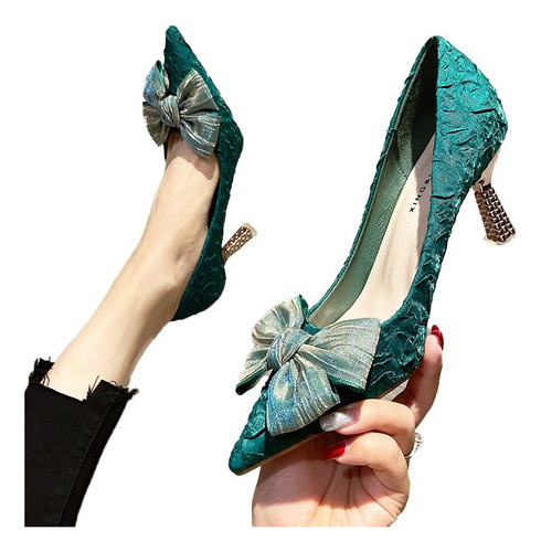 Zapatos De Tacón Mujer Con Puntera En Punta Y Lazo Floral