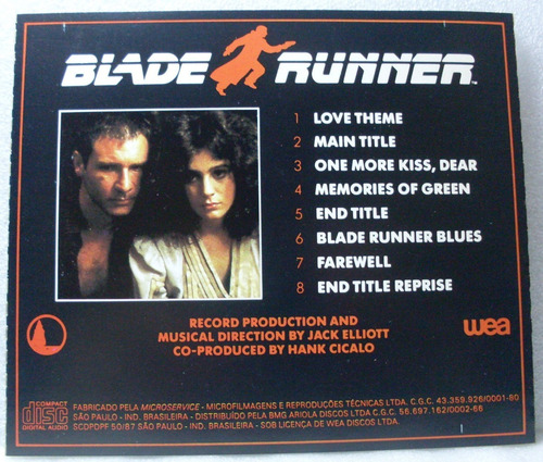 Blade Runner, Trilha Sonora Original Filme, 1989 Cd Original (Usado)