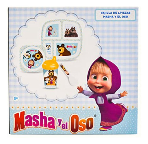 Vajilla 4 Pzas Masha Y El Oso Plato Con Divisiones Melanina Color Blanco
