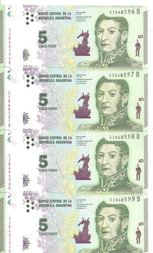 Lote 4 Billetes 5 Pesos (patria) B  Correlativos. S/circular