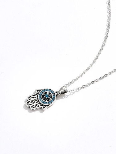 Imagen 2 de 5 de Collar Mano De Fátima Plata 925 Suerte Energia Mujer Azul
