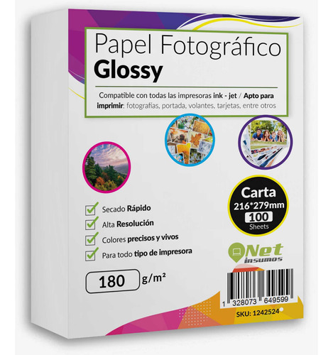 Papel Fotográfico Tamaño Carta 180 Gr Glossy Pack 100 Hojas