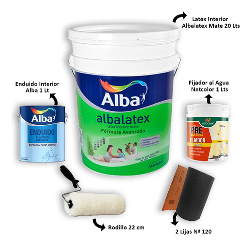  Kit Albalatex 20lt + Enduido+ Fijador+ Rodillo+ Lijas | Pg