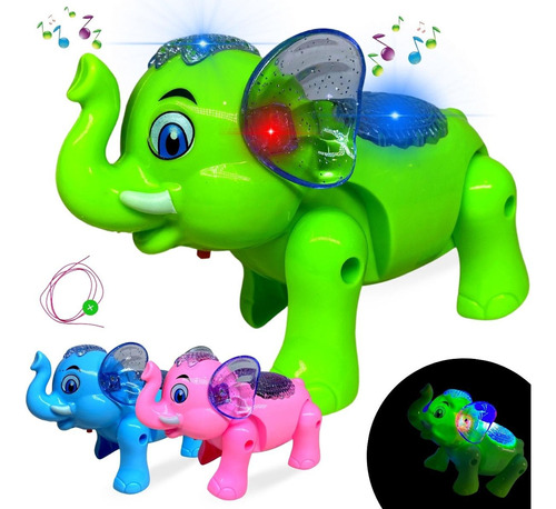 Elefante De Brinquedo Com Som E Luz Musical Anda Led Animal Cor Verde