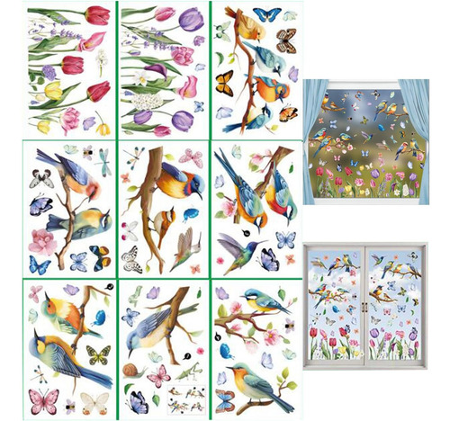 9 Pegatinas De Ventana De Verano, Flores De Primavera, Pájar