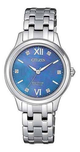 Reloj Citizen Mujer Eco-drive Titanium Em072085n Color De La Malla Plateado Color Del Bisel Plateado Color Del Fondo Azul