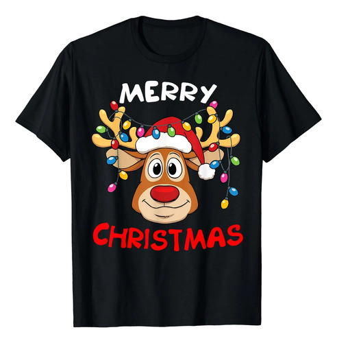 Polera Unisex Reno Luces Navidad Santa Algodon Estampado