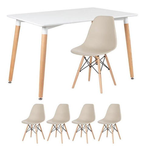 Kit Mesa Jantar Eames Retangular 120 X 80 Cm 4 Cadeiras Dsw Tampa Mesa Branco Com Cadeiras Nude