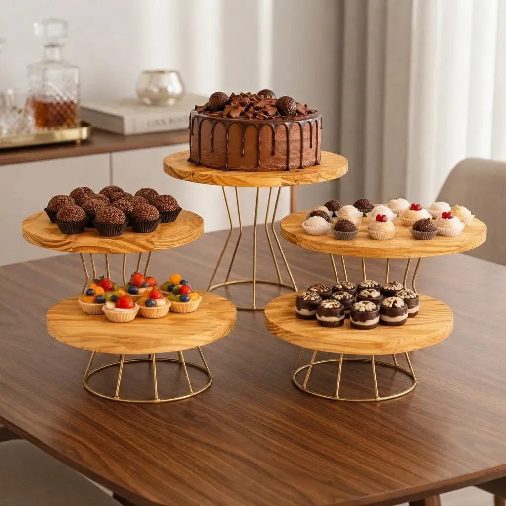 Kit Boleira Suporte Mesa 5 Peças Ferro E Madeira Dourado Festa Bolos