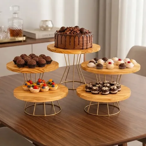 Kit Boleira Suporte Mesa 5 Peças Ferro e Madeira Dourado Festa Bolos