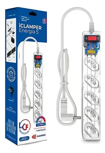 iCLAMPER Energia 5 Tomadas Lcf Transparente Filtro de Linha e Protetor Elétrico Dps Bivolt