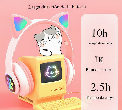 Auriculares Oreja Huella Gato Bluetooth Luz Rgb Niños Gatito Rosa