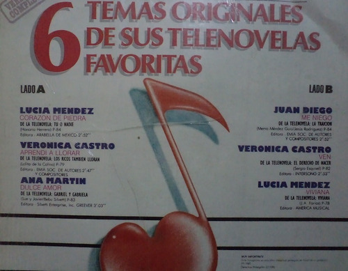 6 Temas Originales De Telenovelas.disco Lp (Usado)