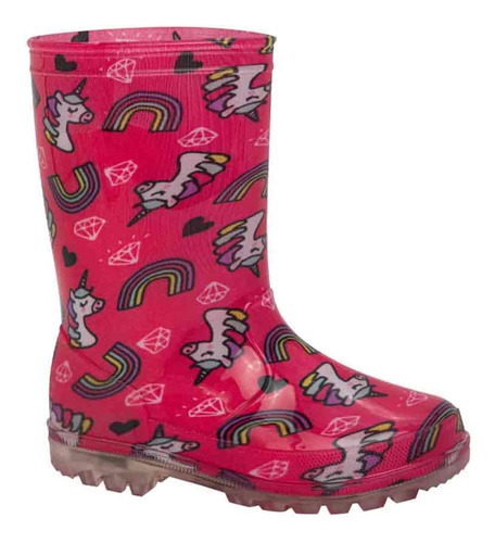 Bota De Lluvia Rosa Con Luces Impermeable Unicornio De Niña