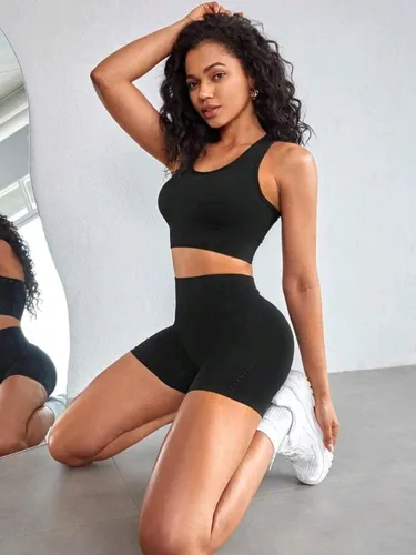 Conjunto Deportivo Biker + Crop Top Push Up Negro - Ref 5165