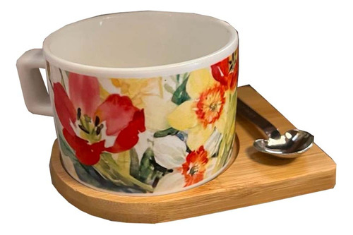 Taza Té 8oz Plato Bamboo Y Cuchara Flor Naranja Amarilla