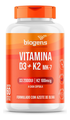 Vitamina D3 + K2, Mk7 2000ui | K2 100mcg 60cps, Biogens Sabor Neutro