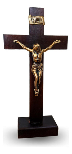 Crucifixo De Mesa Barroco Cruz De Madeira C/ Pedestal 24,5cm Cor Marrom