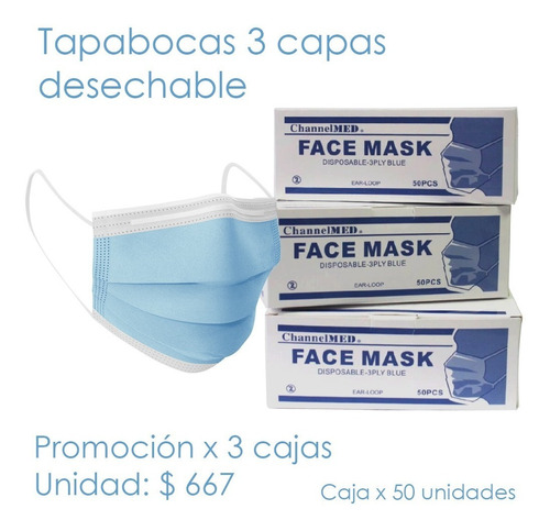 Tapabocas 3 Capas Promo X 3 Cajas - - Unidad a $667
