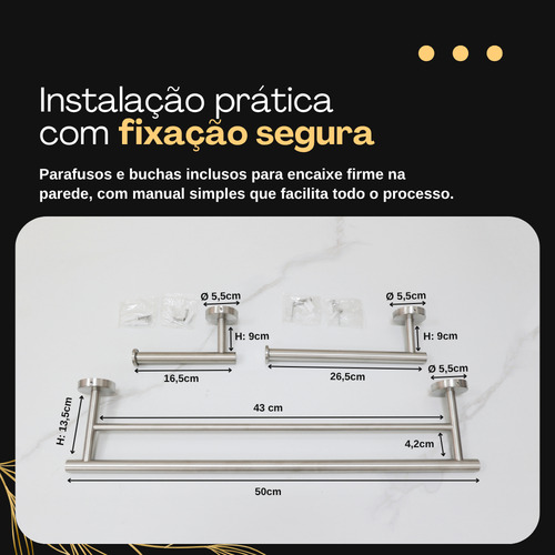 Kit 3 de Acessórios Suportes de Banheiro Aço Inox Fosco Toalheiro Duplo 50cm Cor Prateado Acessórios para Equipar Banheiro - Porta Toalhas 2 Barras - Porta Papel Hienico - Suporte Toalha de Rosto