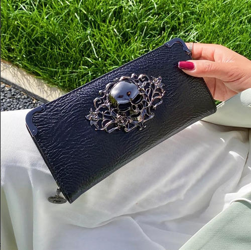 Cartera Larga Calavera Con Cremallera Estilo De Cuero