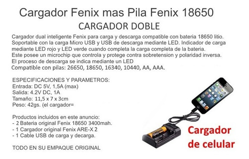 Imagen 5 de 6 de Combo Baterias Cargador Doble Fenix + 2x 18650 3400mah 3.6v