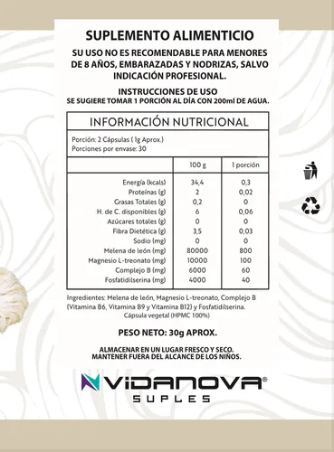 Melena De León 1000mg 60 Caps - Vidanova® Sin Sabor