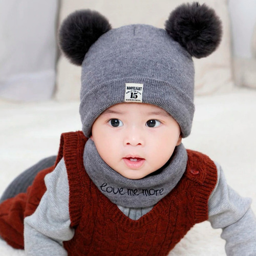 2 Set Conjunto Gorro Bufanda Bebé Redondos Oso Invierno Frio