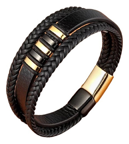 Pulsera Cuero Classic Black-gold, Cierre Magnético, Hombre