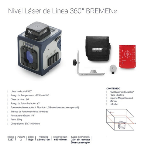 Imagen 2 de 7 de Nivel Laser Autonivelante Bremen 360 Grados - 2 Lineas - 20 Metros Cod. 7287 Dgm