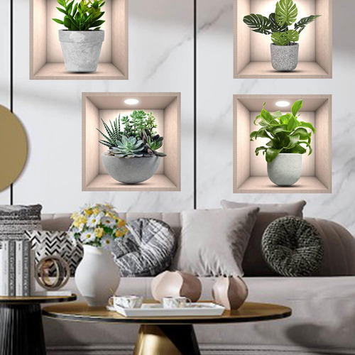 4 Pegatinas De Pared Con Plantas Verdes En 3d Para Decoració