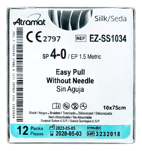 Sutura Seda Negra 3-0 Sin Aguja 10 Hebras X 75 Cm