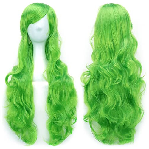 Peluca De Pelo Largo Y Rizado De 80 Cm Cosplay, Verde M...