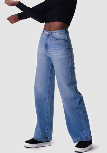 calça pantalona jeans cintura alta