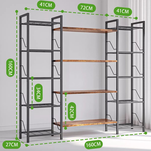 Librero Minimalista De Metal Con 5 Niveles Organizador 160cm Madera Oscura Y Negro