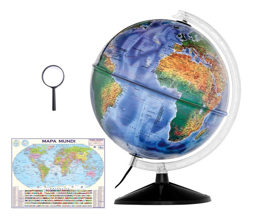 Globo Terrestre Político Físico Bivolt 30cm Lupa+ Mapa Mundi