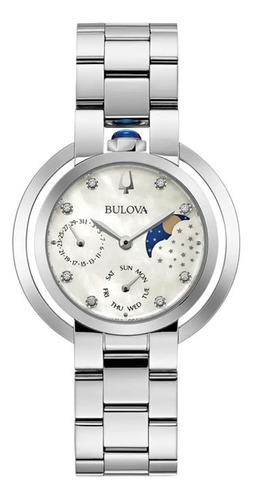 Reloj Bulova Rubaiyat Diamonds 96p213, correa con fases lunares, color plateado