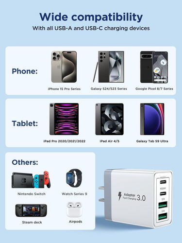 Bloque Cargador Usb C, Cargador Rápido De 4 Puertos 40w 2...