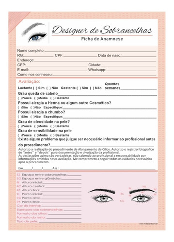Imagem 2 de 4 de Design Sobrancelha Ficha Anamnese + Cuidados Henna 100 Folha