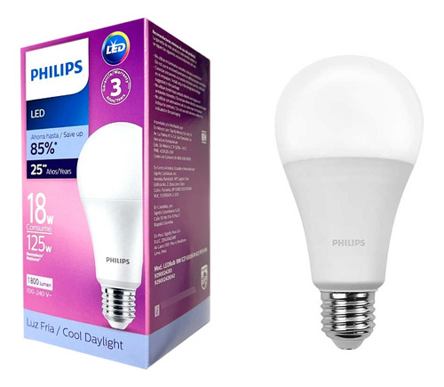 Foco Led 18w High Lumen Ledbulb E27 6500k Luz Blanca Philips