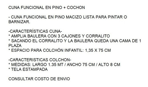 Imagen 6 de 9 de Cuna Funcional De Pino Cajonera Con Baulera + Colchón