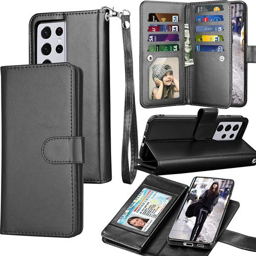 Funda Para Galaxy S21 Cuero Tapa Billetera Negra