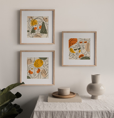 Set 3 Láminas Imprimibles Cuadro Caras Abstracto Otoño Naranja Verde Musgo