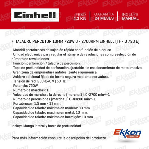 Taladro Percutor Einhell 720w 13mm Th-id720 E+set Bosch 15pz