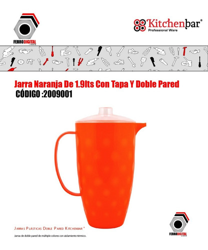 Imagen 2 de 4 de Jarra Naranja De 1.9lts Con Tapa Y Doble Pared
