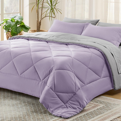 Juego Edredon Y Ropa De Cama Individual Color Lila Y Gris