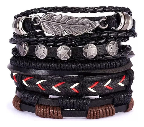 Set 5 Pulsera Manilla Brazalete De Cuero Pluma Hombre Mujer