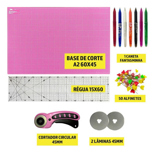 Kit Base Para Corte Patchwork Regua 60 Cortador Tecido 45mm Cor Base Rosa2